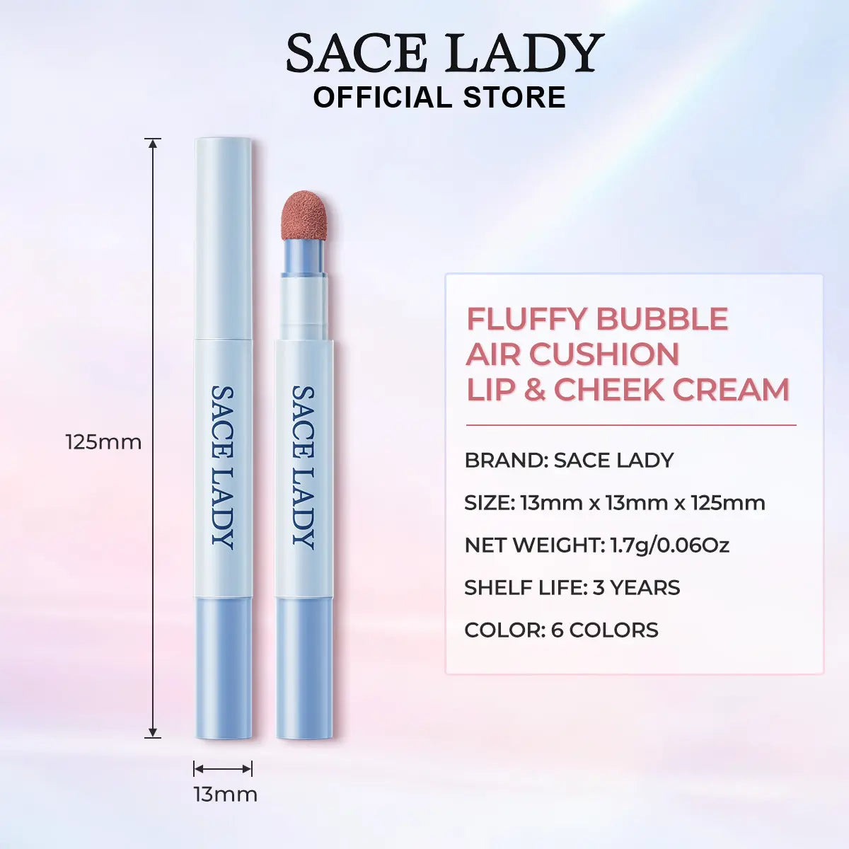 Sace Lady Fluffy Bubble Air Cushion Lip and Cheek Cream - Product Dimensions 125mm and 1.7g Specs