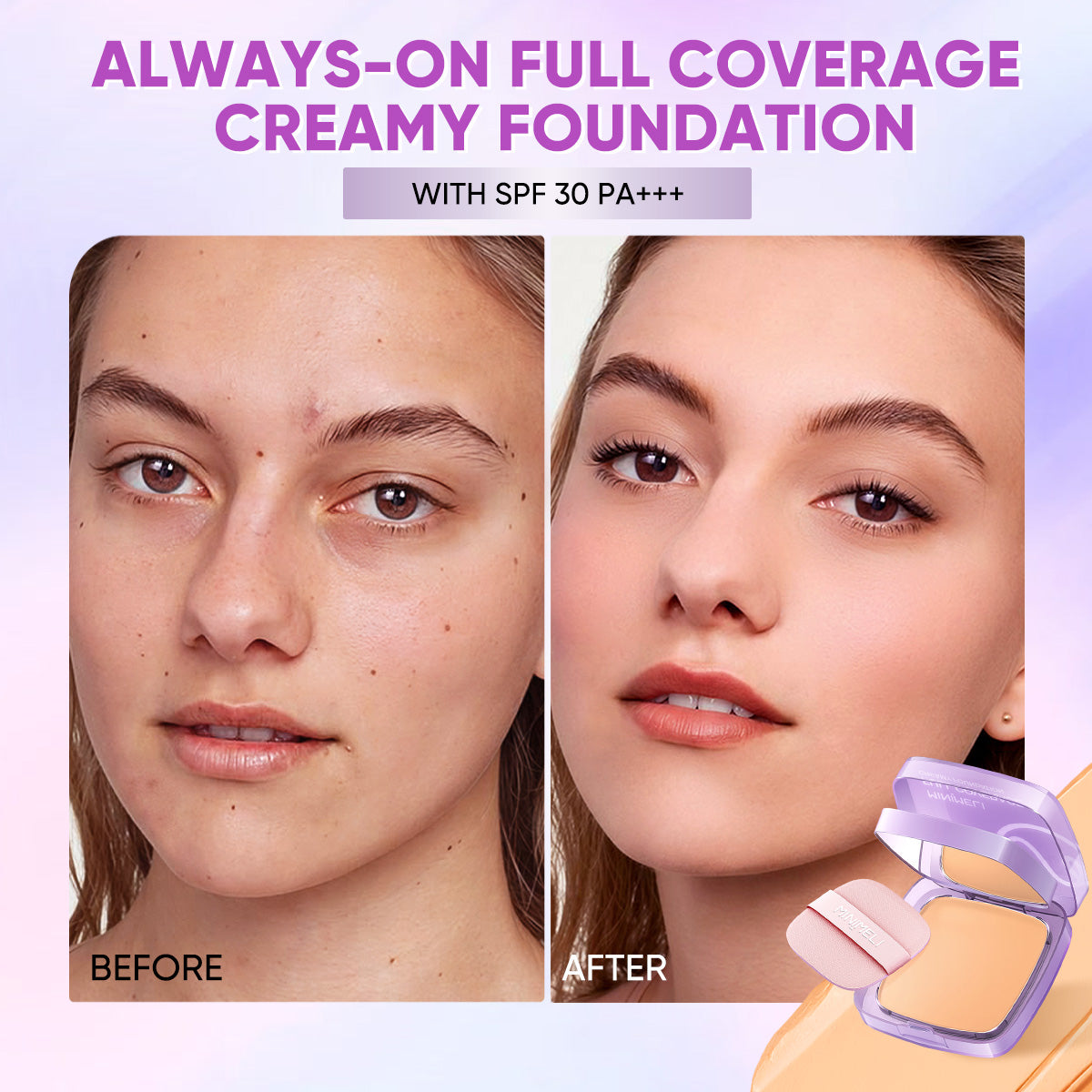 MINIMELI Always On Full Coverage Creamy Foundation SPF 30 - Before and After Makeup Results