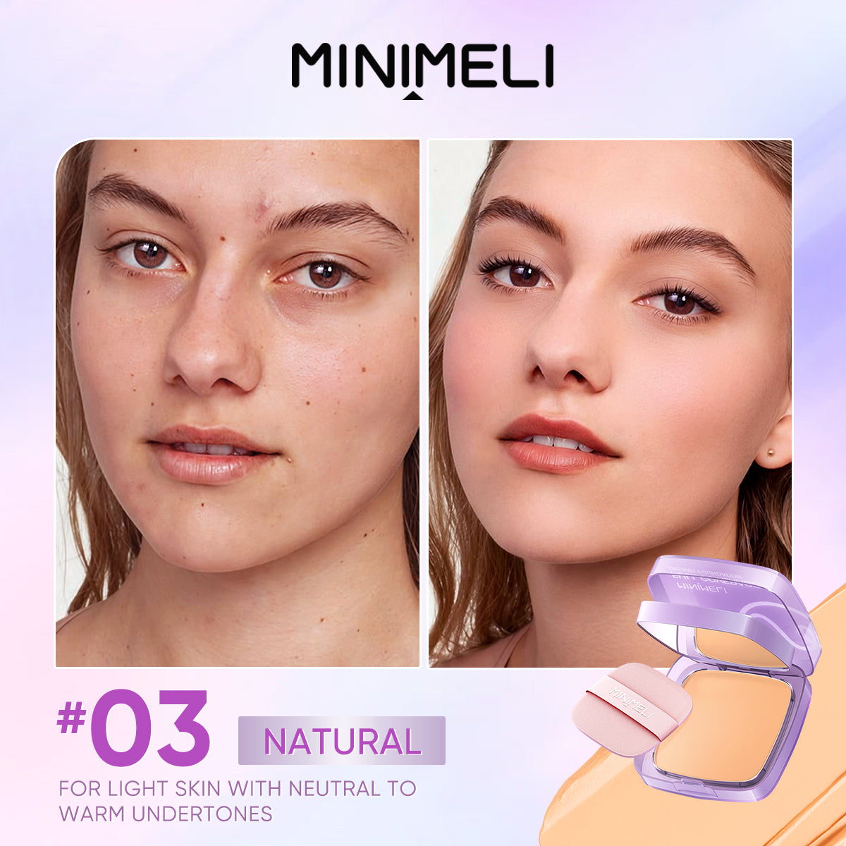 MINIMELI Full Coverage Creamy Foundation Shade 02 Natural - Before and After Makeup Swatch
