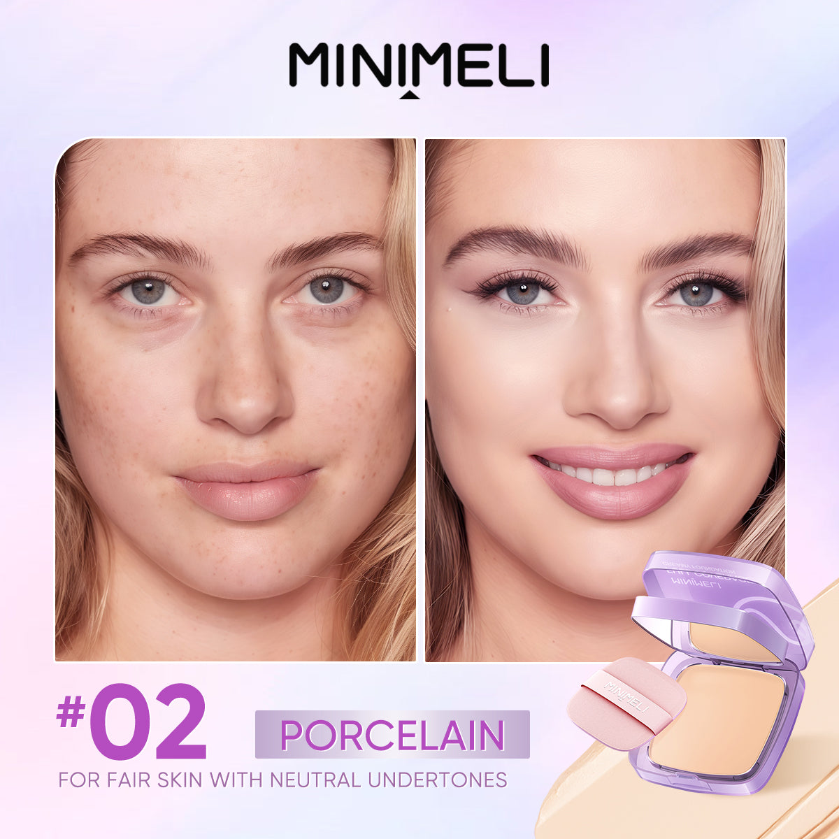 MINIMELI Full Coverage Creamy Foundation Shade 02 Porcelain - Before and After Makeup Swatch