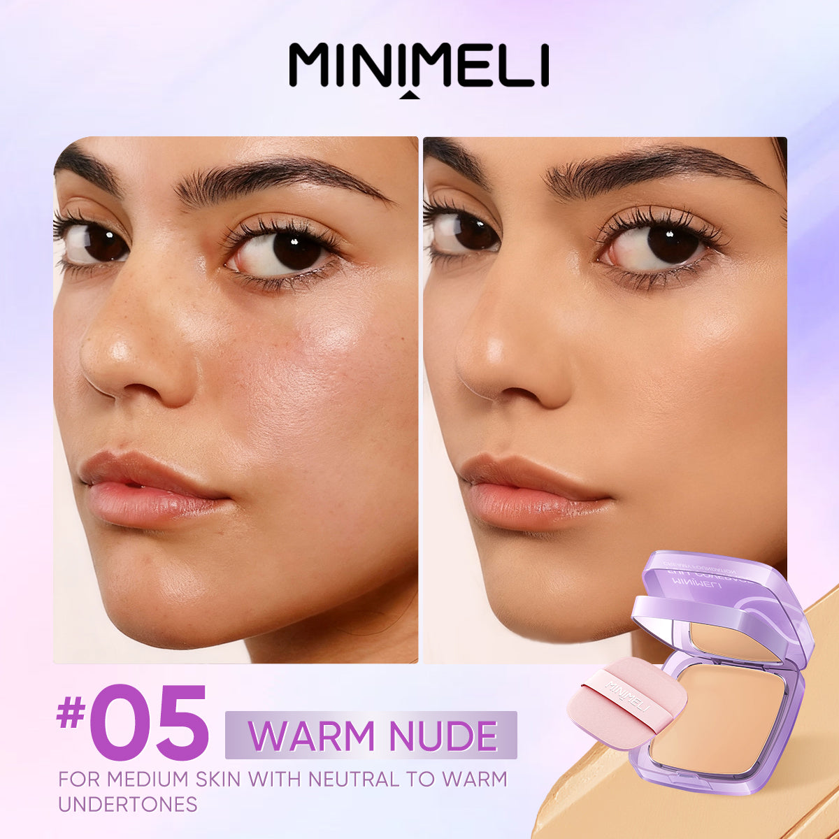 MINIMELI Full Coverage Creamy Foundation Shade 05 Warm Nude - Before and After Makeup Swatch