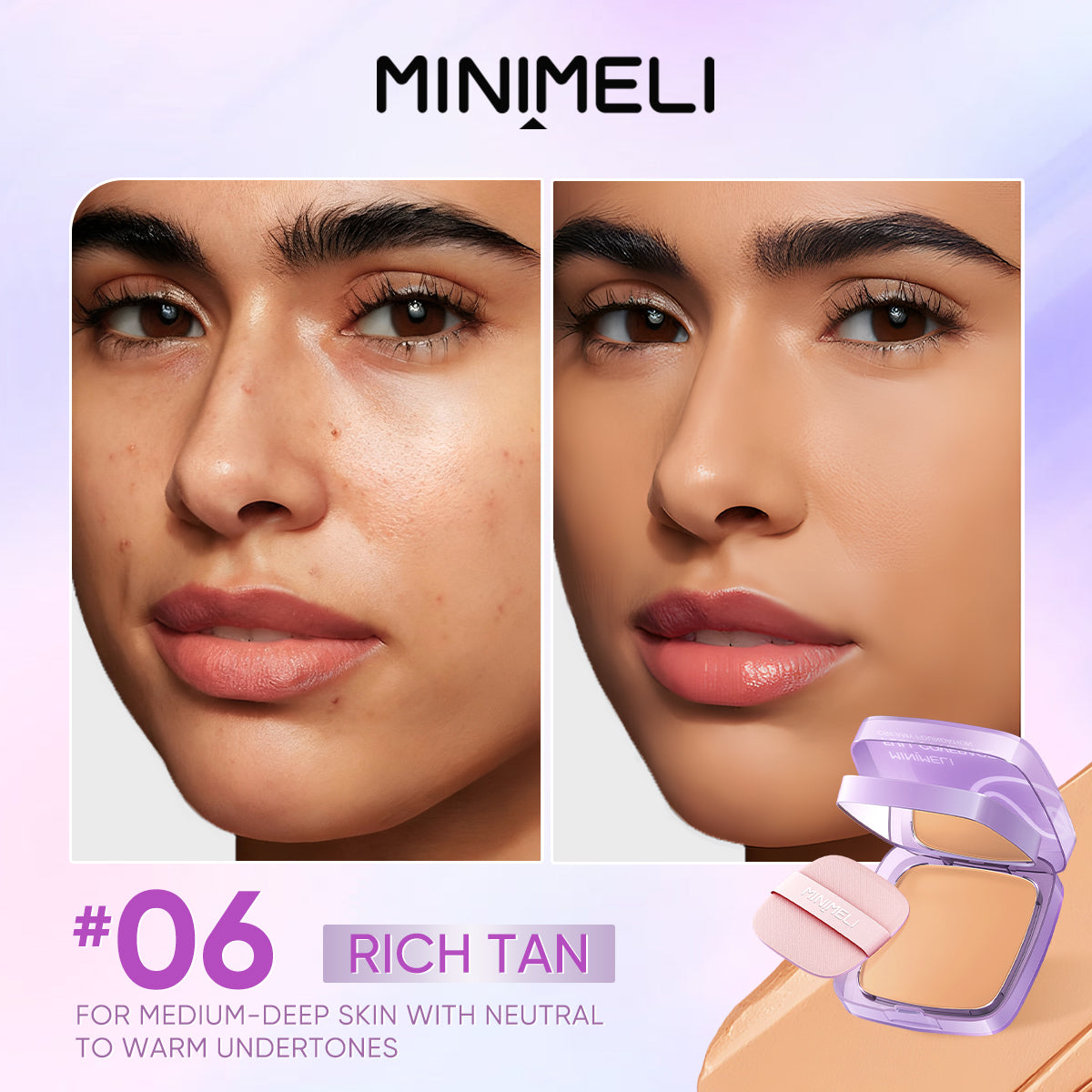 MINIMELI Full Coverage Creamy Foundation Shade 06 Rich Tan - Before and After Makeup Swatch