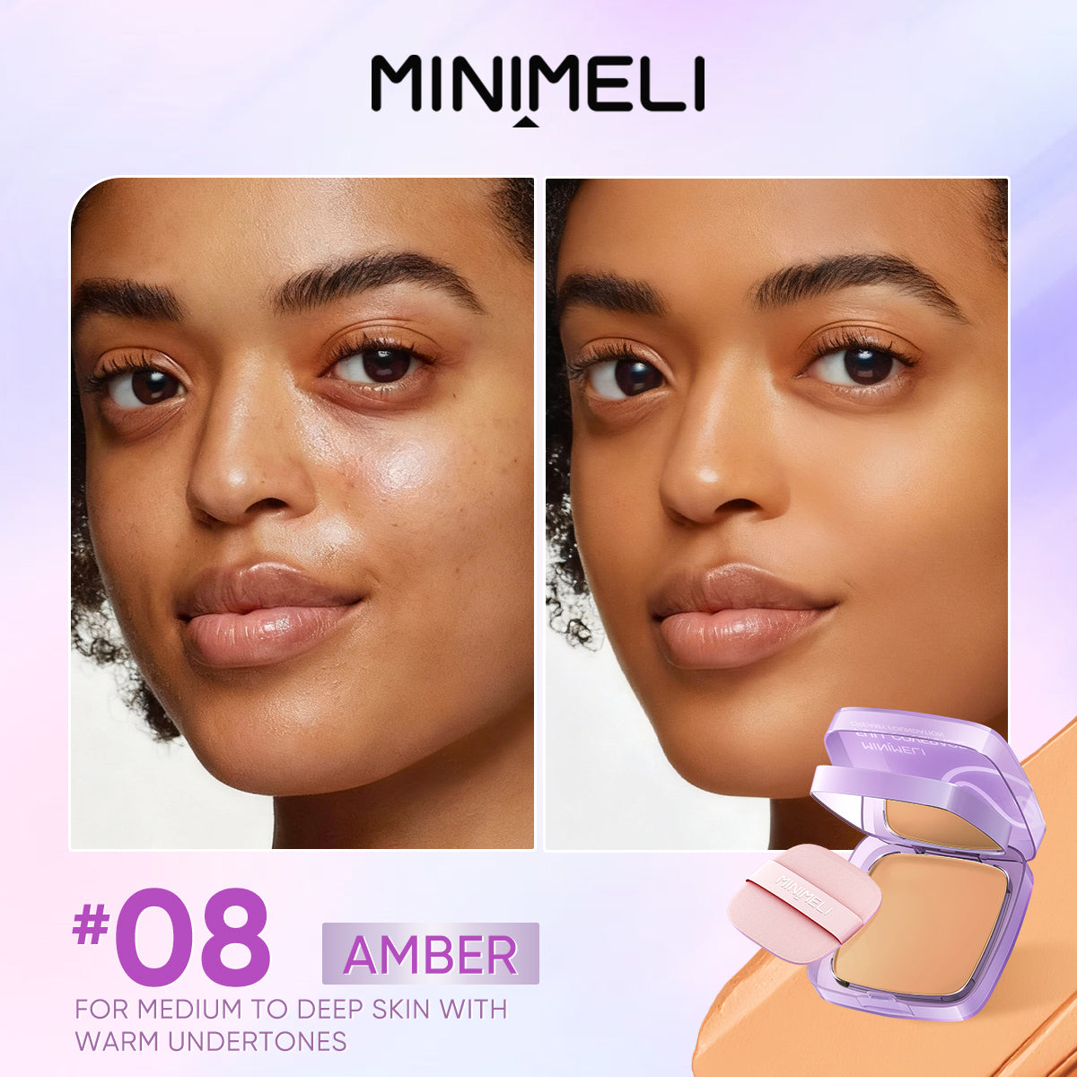 MINIMELI Full Coverage Creamy Foundation Shade 08 Amber - Before and After Makeup Swatch
