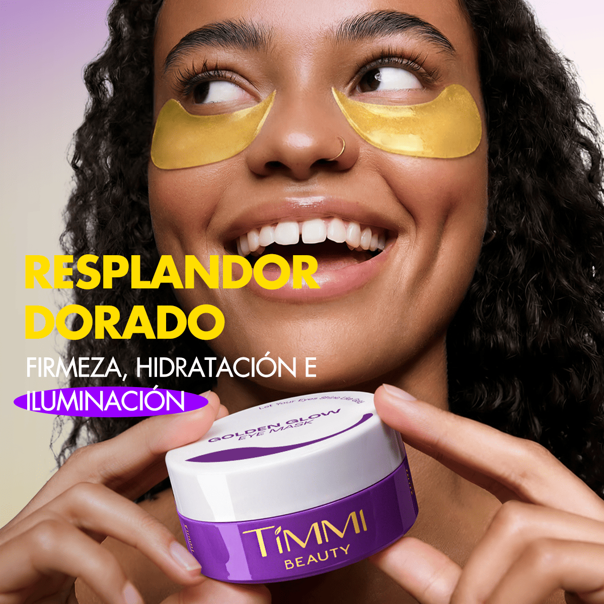 Model wearing TIMMI Beauty gold under-eye patches while holding the product jar