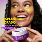 Model wearing TIMMI Beauty gold under-eye patches while holding the product jar