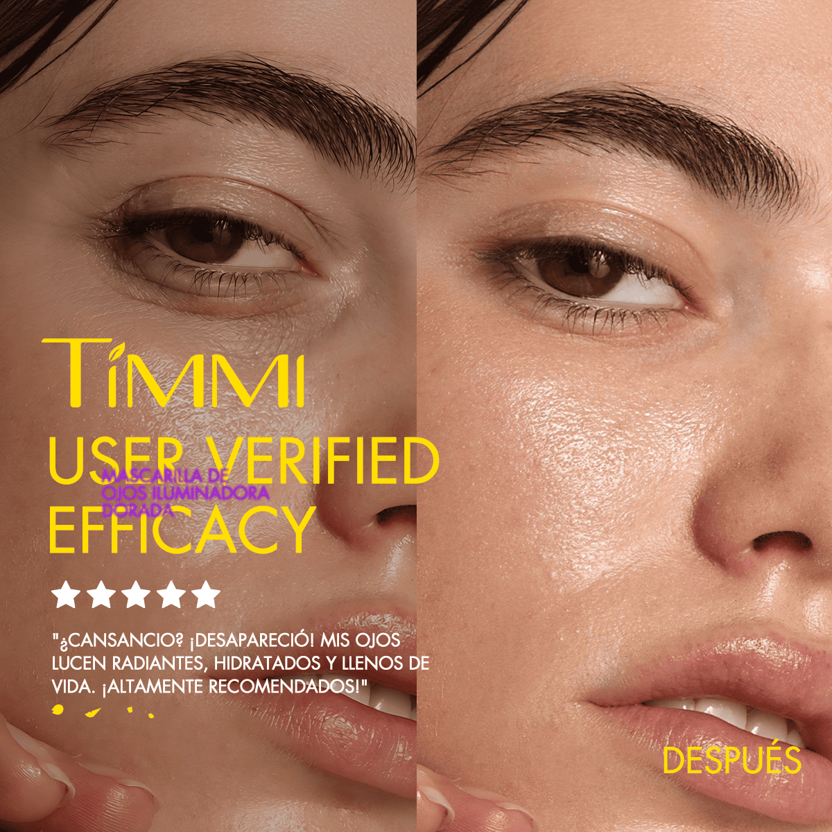 Before-and-after under-eye appearance with TIMMI Beauty Golden Glow Eye Mask