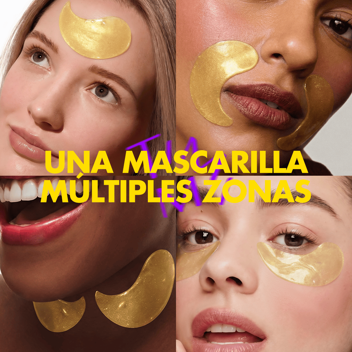 Models wearing gold hydrogel patches under the eyes and on other facial areas