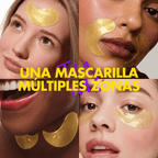 Models wearing gold hydrogel patches under the eyes and on other facial areas