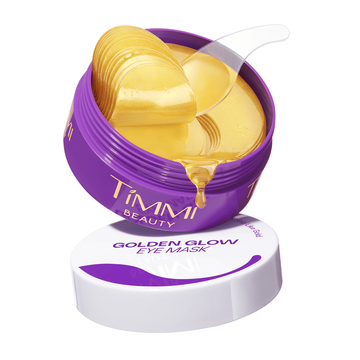 TIMMI Beauty Golden Glow Eye Mask jar open with gold hydrogel patches and spatula