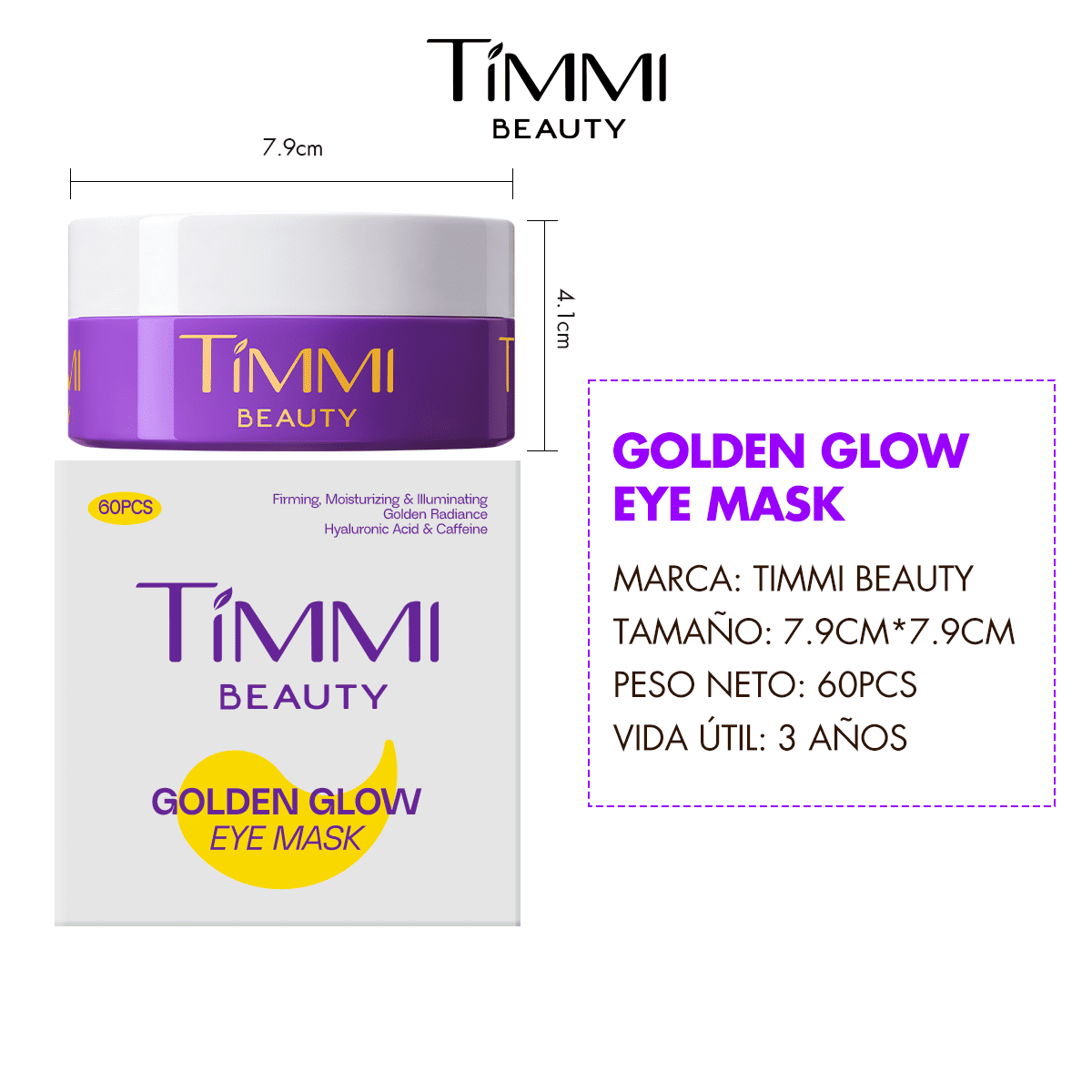 TIMMI Beauty Golden Glow Eye Mask jar, box, dimensions and 60-piece product details