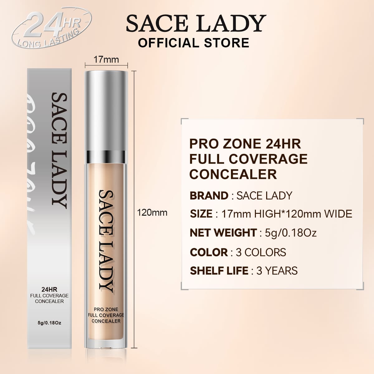 SACE LADY 24HR Full Coverage Concealer tube and box with dimensions and product specifications