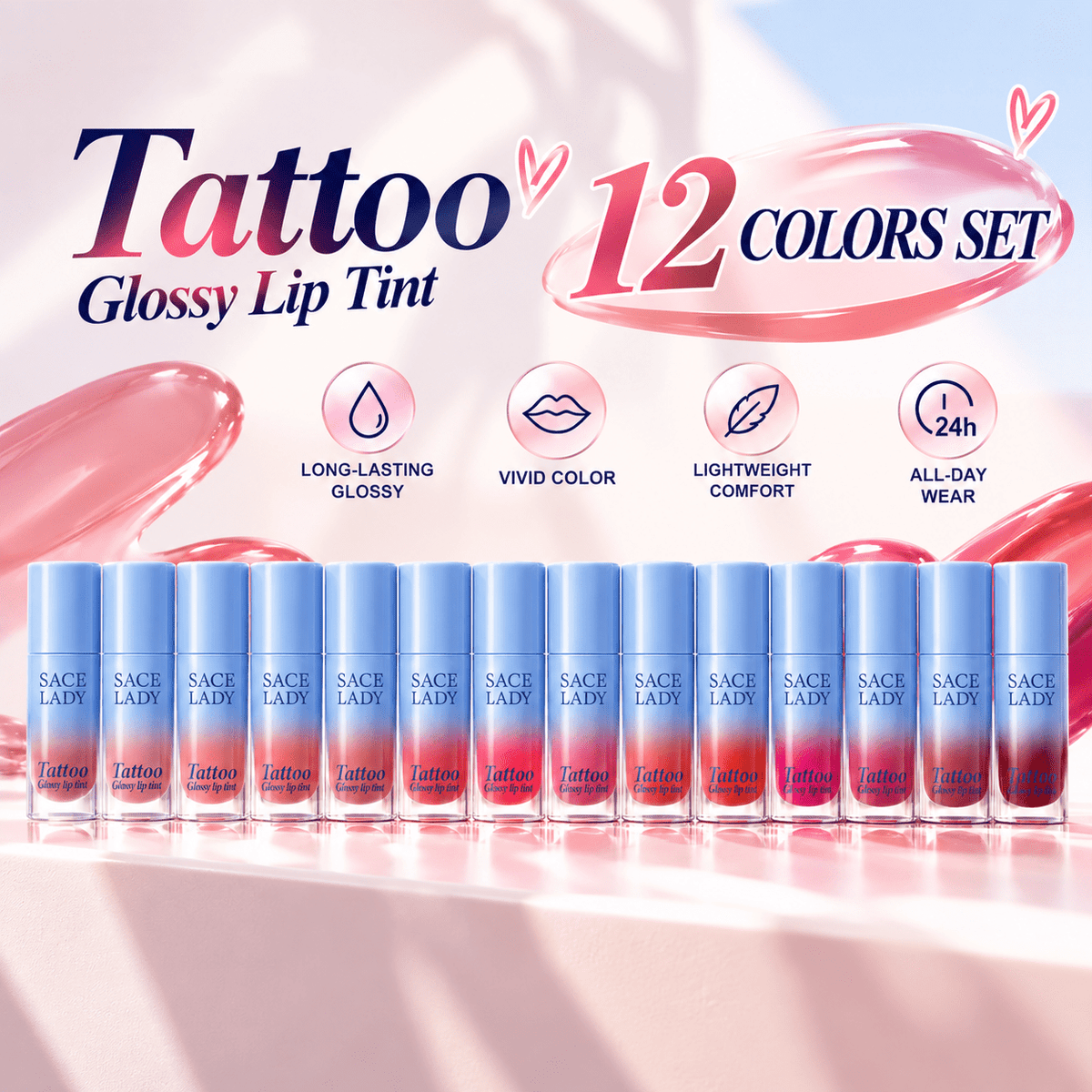SACE LADY 12-Color Tattoo Glossy Lip Tint Set – Long-Lasting & No-Transfer