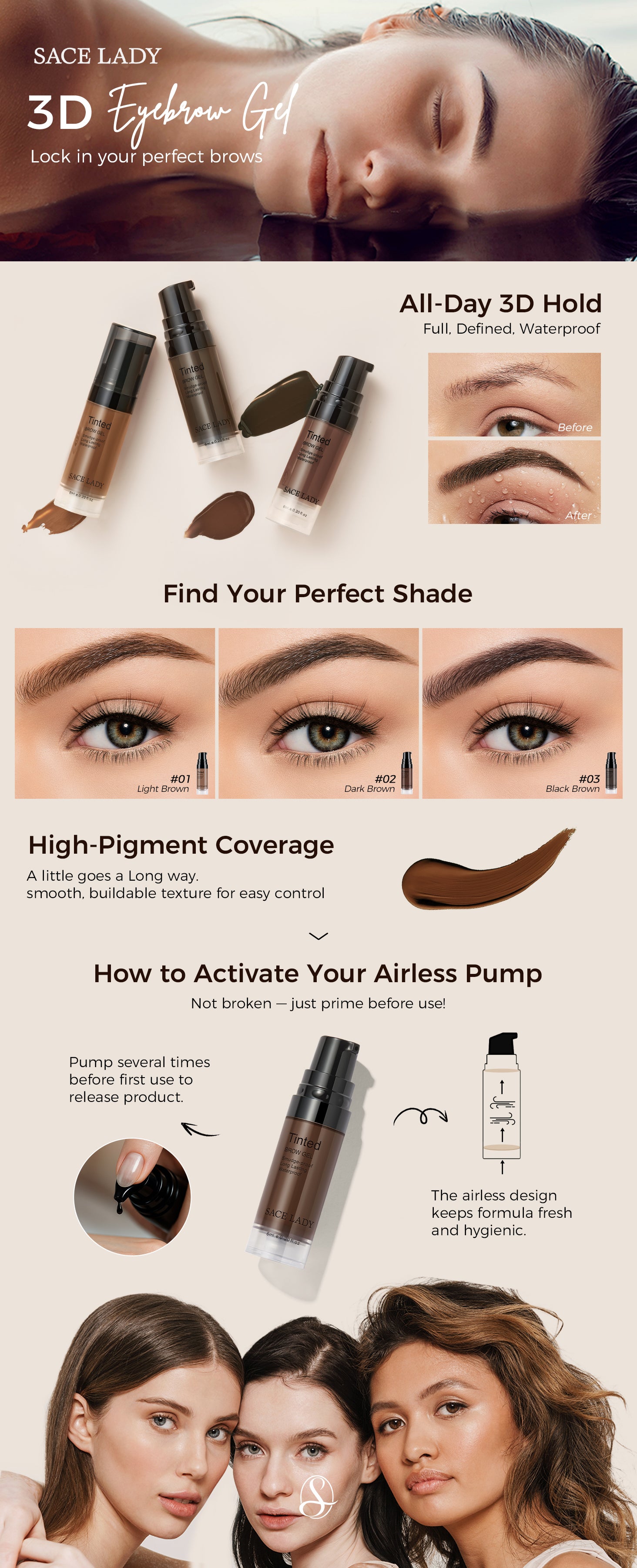 3D Eyebrow Gel | Waterproof, Rapid-Dry, Highly Pigmented | SACE