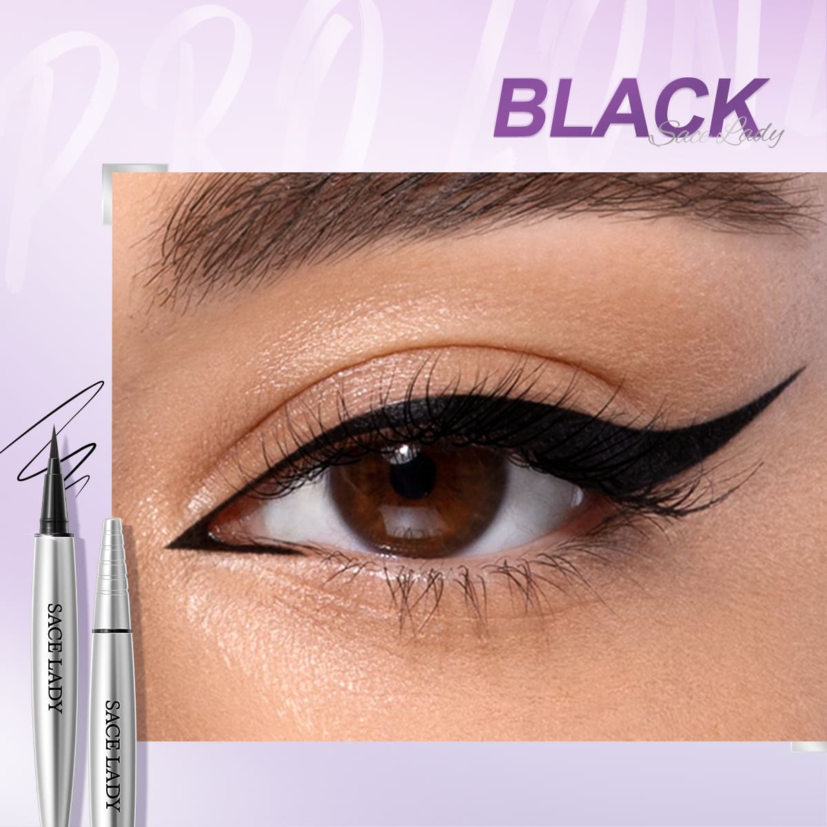 SACE LADY black eyeliner pen beside a close-up of a bold winged eye look
