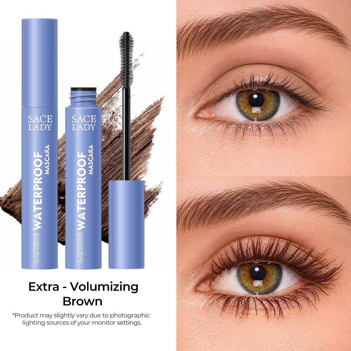 SACE LADY brown mascara with wand, brown swatches and a before-and-after lash comparison