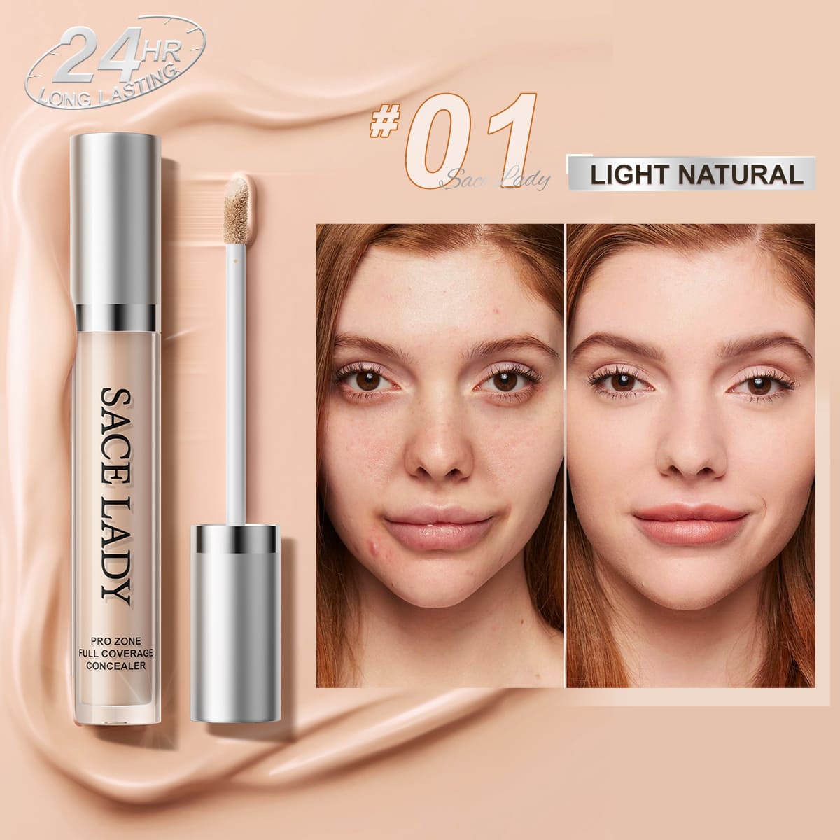 SACE LADY concealer in 01 Light Natural with a before-and-after face comparison