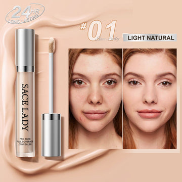 SACE LADY concealer in 01 Light Natural with a before-and-after face comparison