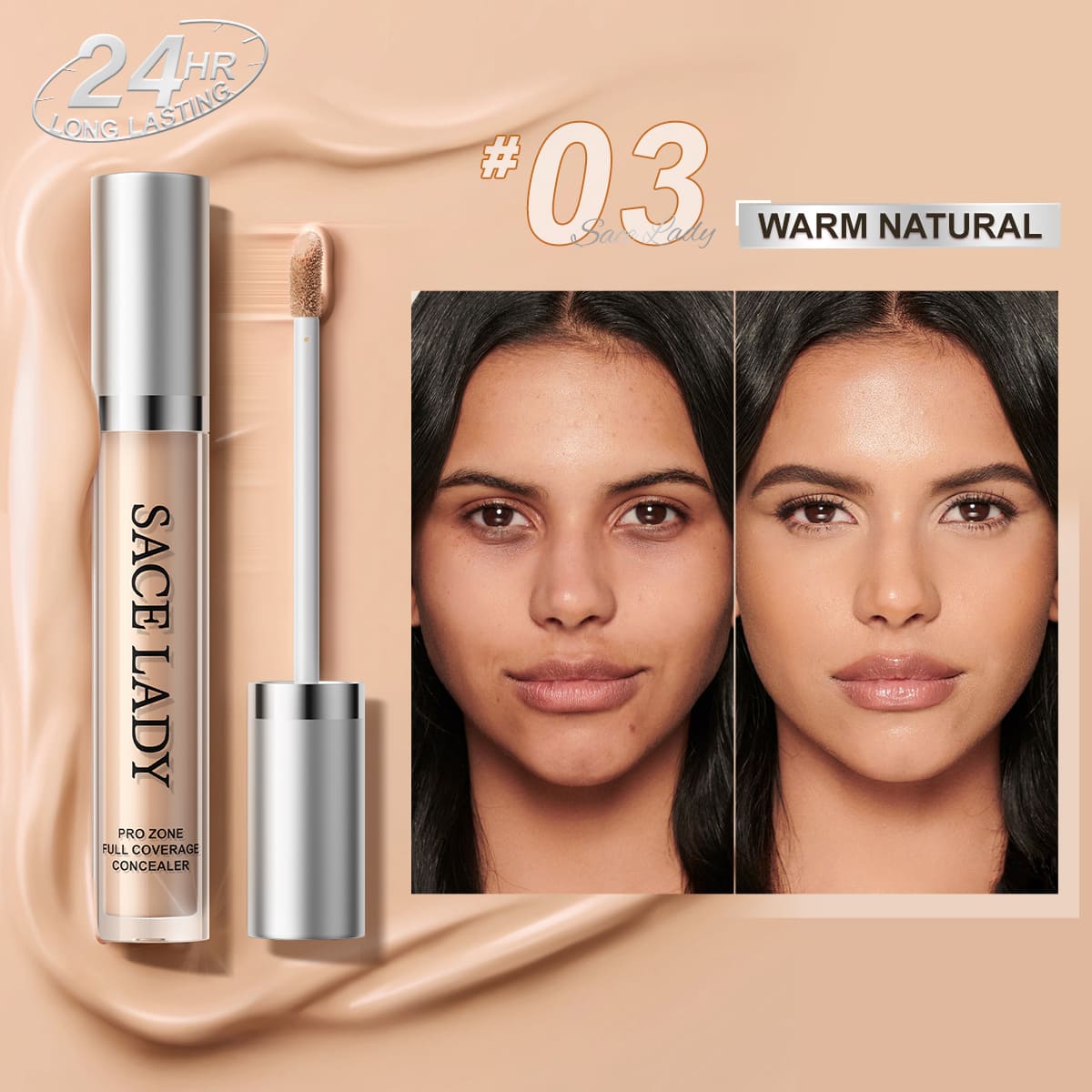 SACE LADY concealer in 03 Warm Natural with a before-and-after face comparison