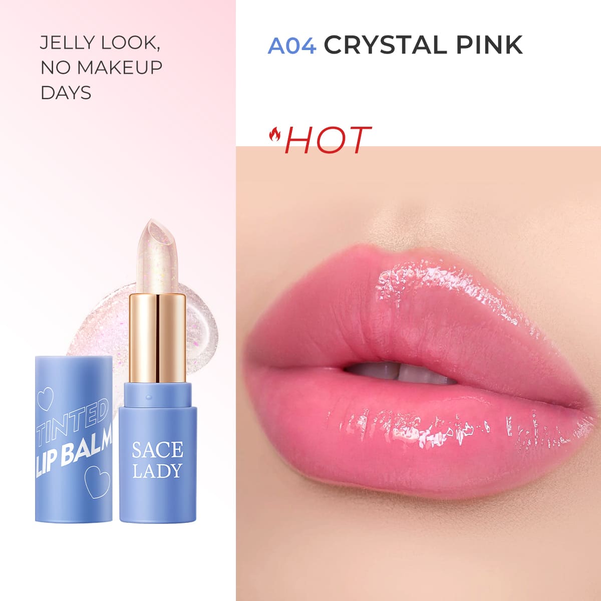 SACE LADY tinted lip balm in A04 Crystal Pink with translucent bullet and glossy pink lip swatch