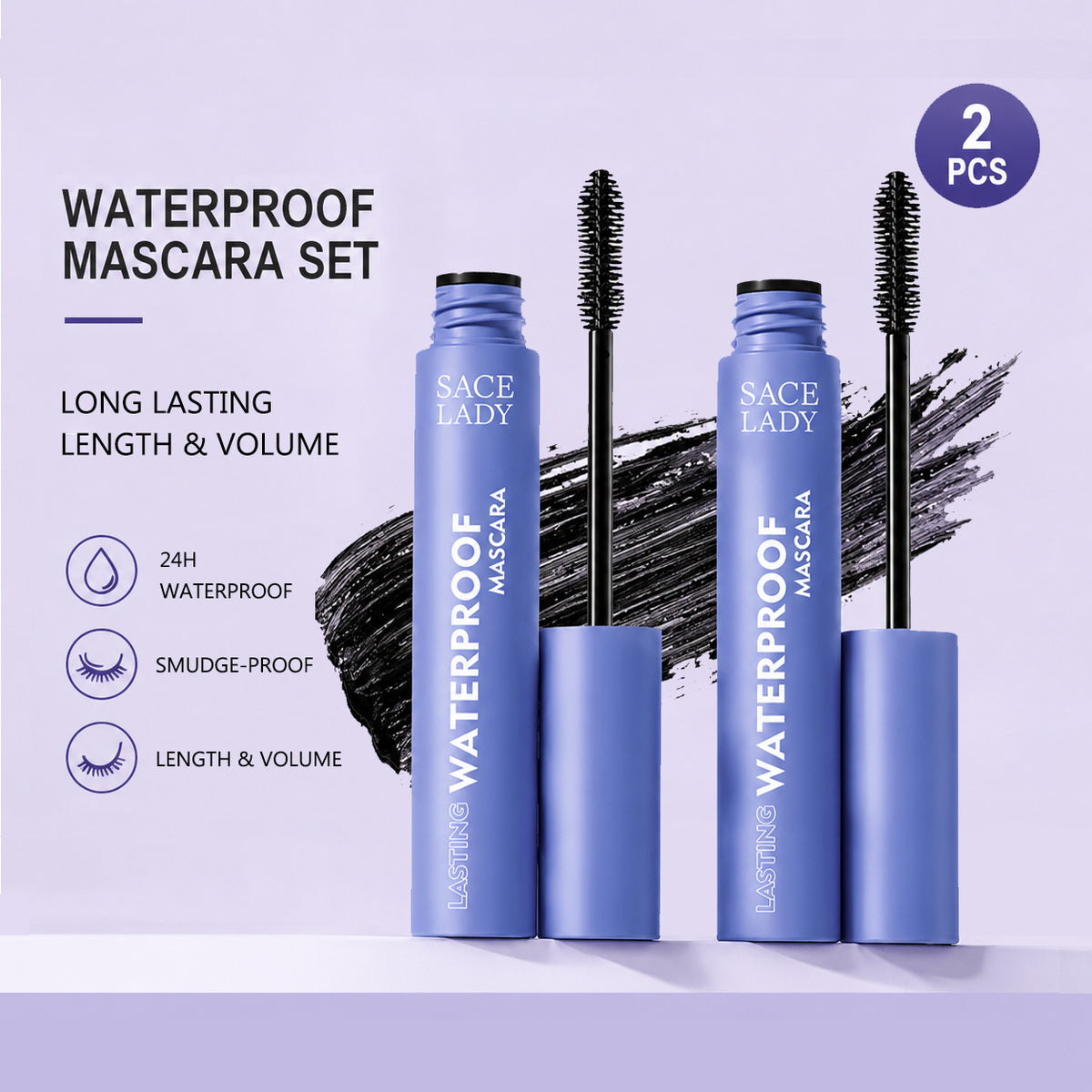 Sace Lady Waterproof Mascara 2 Pcs Set - 24H Smudge Proof Lengthening and Volumizing Mascara Duo