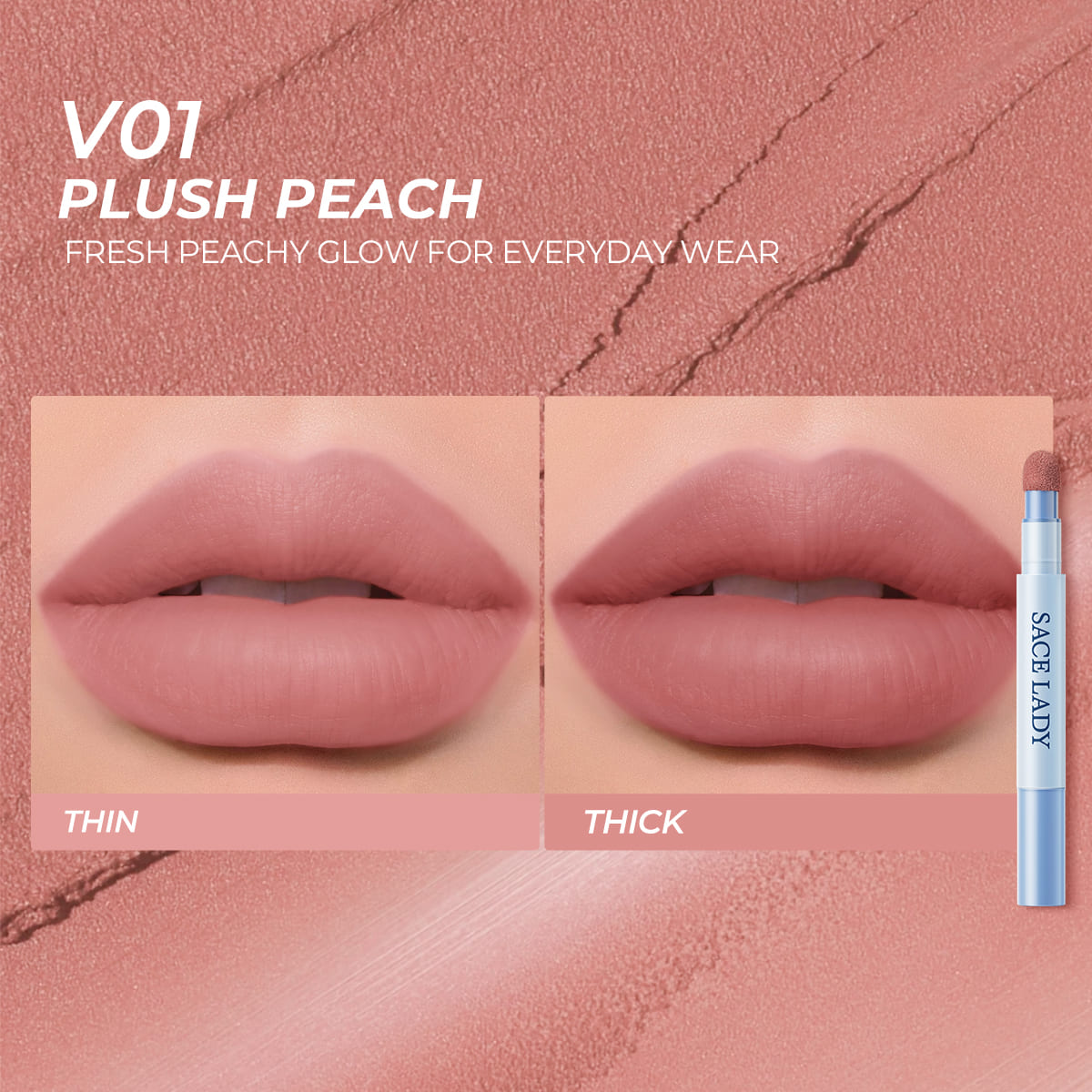 Sace Lady Air Cushion Lip and Cheek Shade V01 Plush Peach - Thin and Thick Lip Swatch Comparison