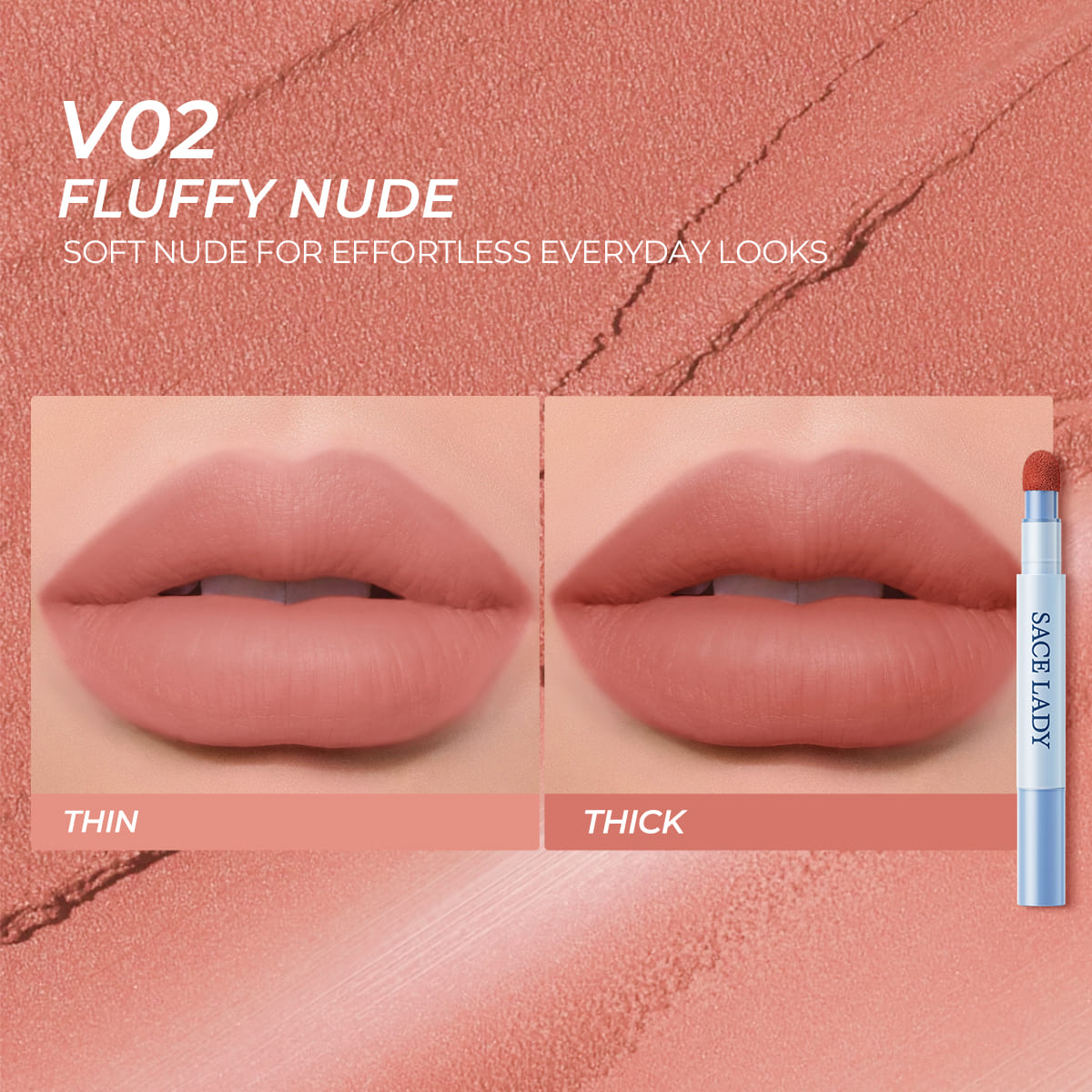 Sace Lady Air Cushion Lip and Cheek Shade V02 FLUFFY NUDE - Thin and Thick Lip Swatch Comparison