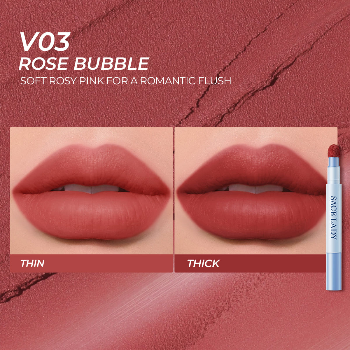 Sace Lady Air Cushion Lip and Cheek Shade V03 Rose Bubble - Thin and Thick Lip Swatch Comparison