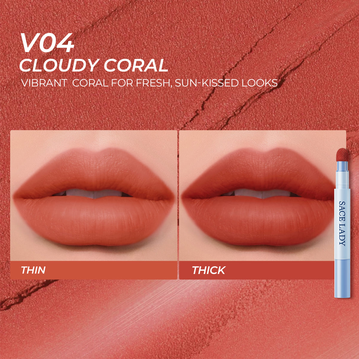 Sace Lady Air Cushion Lip and Cheek Shade V04 Cloudy Coral - Thin and Thick Lip Swatch Comparison