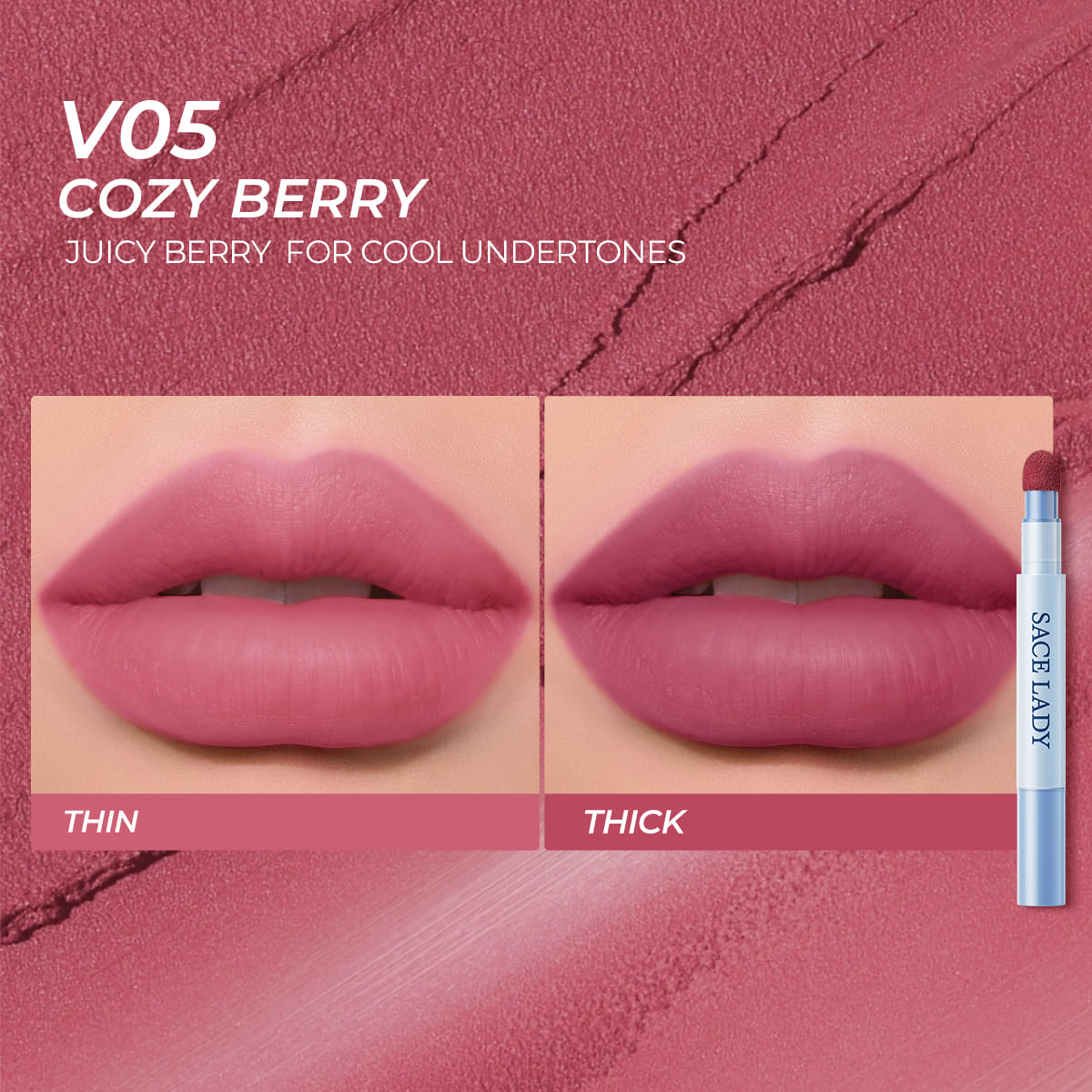 Sace Lady Air Cushion Lip and Cheek Shade V05 Cozy Berry - Thin and Thick Lip Swatch Comparison