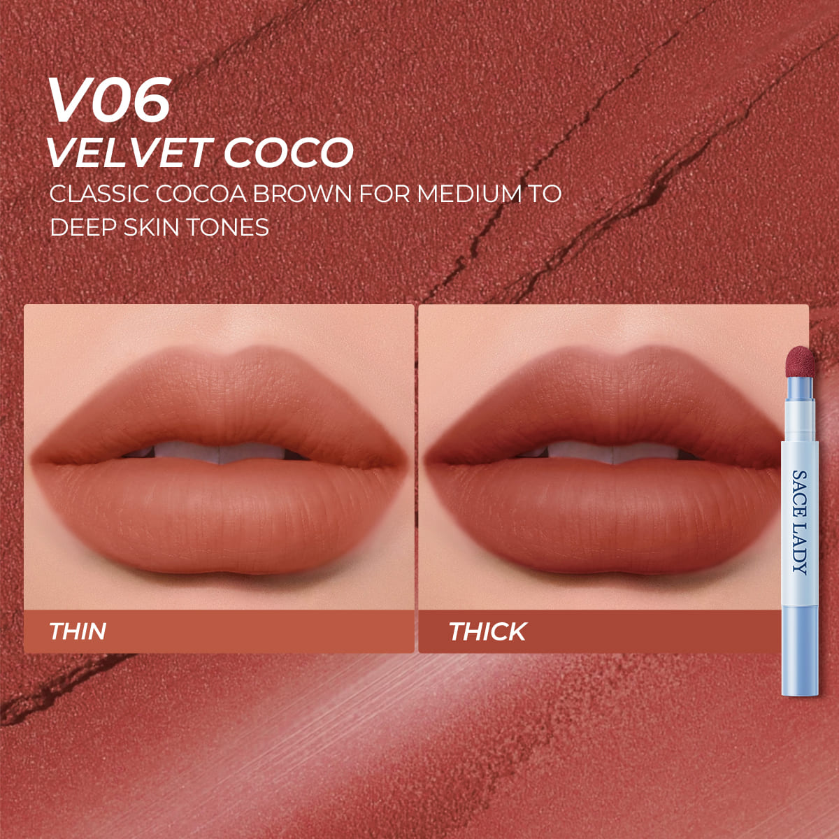 Sace Lady Air Cushion Lip and Cheek Shade V06 Velvet Coco - Thin and Thick Lip Swatch Comparison