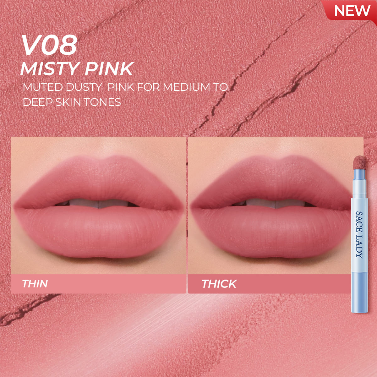 Sace Lady Air Cushion Lip and Cheek Shade V08 Misty Pink - Thin and Thick Lip Swatch Comparison
