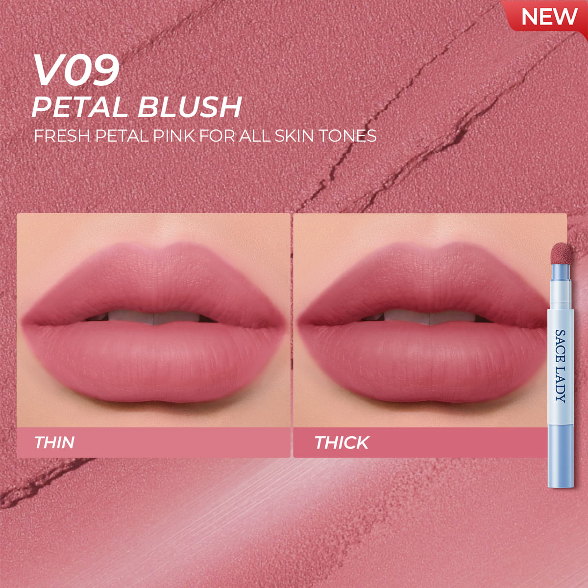 Sace Lady Air Cushion Lip and Cheek Shade V09 Petal Blush - Thin and Thick Lip Swatch Comparison