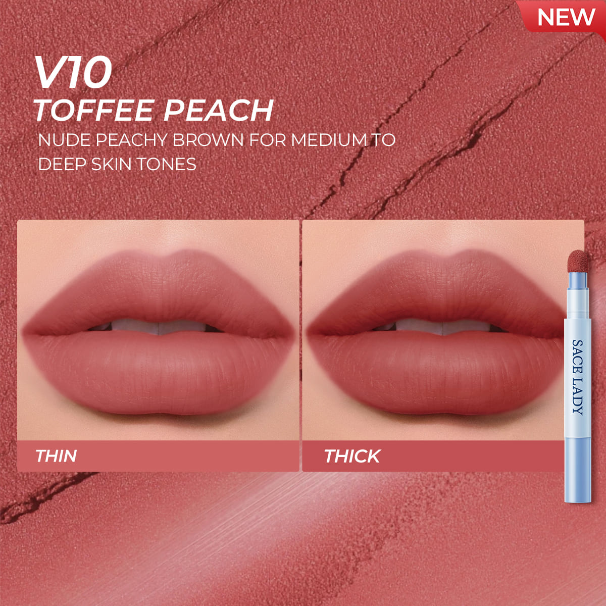 Sace Lady Air Cushion Lip and Cheek Shade V10 Toffee Peach - Thin and Thick Lip Swatch Comparison