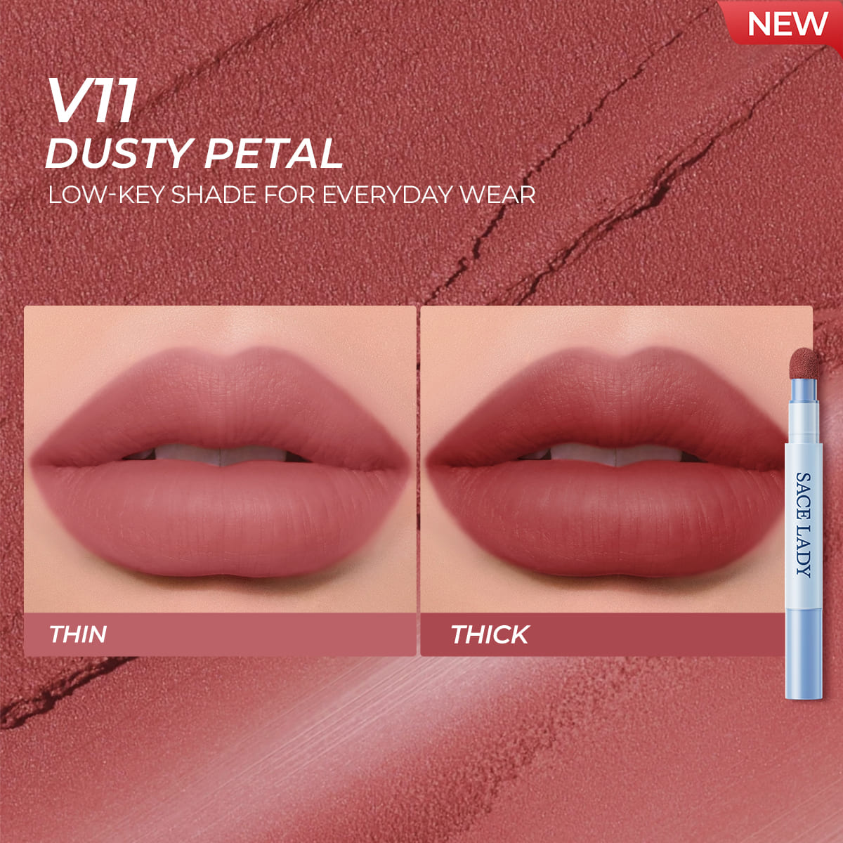 Sace Lady Air Cushion Lip and Cheek Shade V11 Dusty Petal - Thin and Thick Lip Swatch Comparison