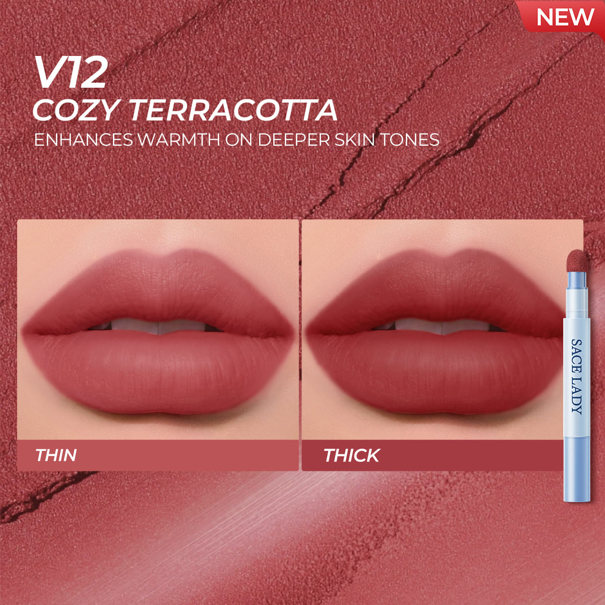 Sace Lady Air Cushion Lip and Cheek Shade V12 Cozy Terracotta - Thin and Thick Lip Swatch Comparison