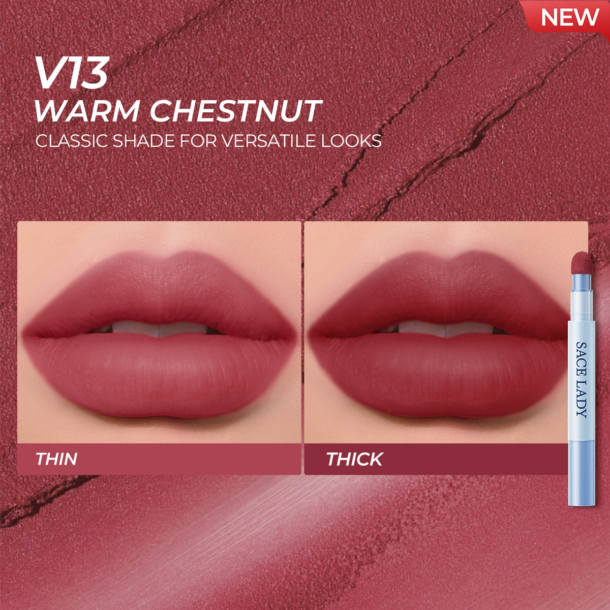 Sace Lady Air Cushion Lip and Cheek Shade V13 Warm Chestnut - Thin and Thick Lip Swatch Comparison