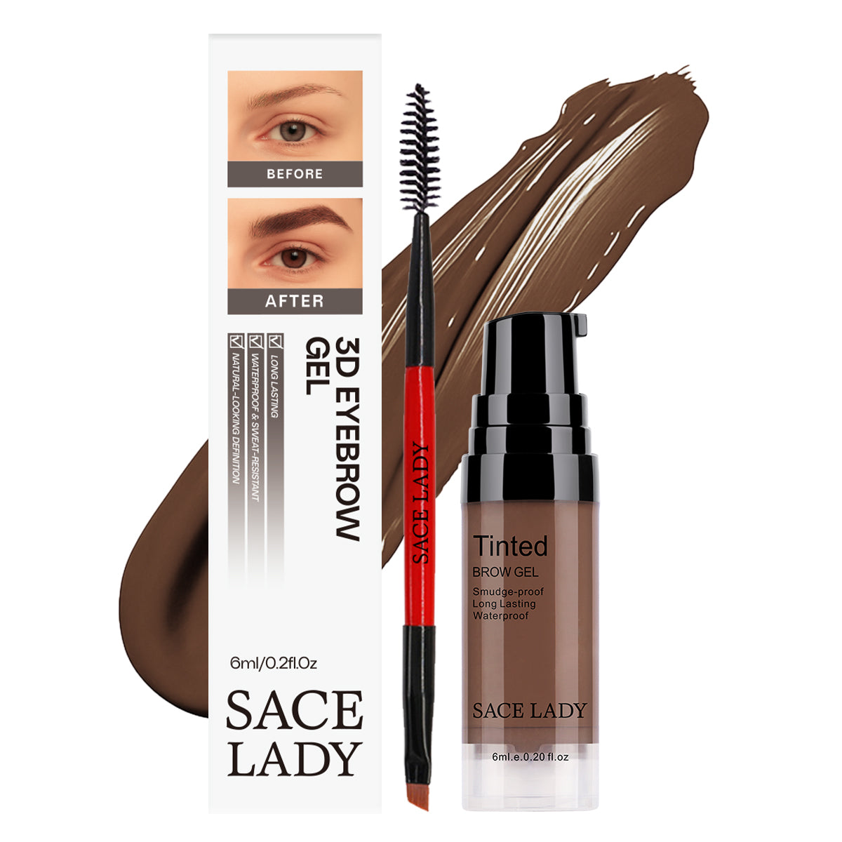 Sace Lady 3D Tinted Eyebrow Gel - Waterproof Long Lasting Brow Gel Set with Dual-Ended Brush and Before After Effect