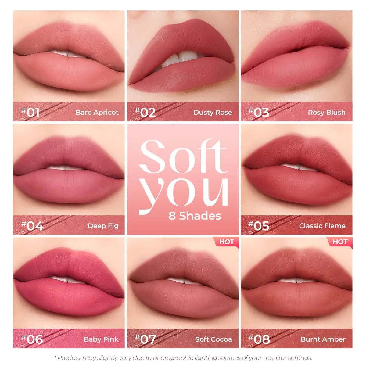 SACE LADY Soft You Airy Matte Lipstick chart with eight soft matte shades