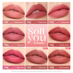 SACE LADY Soft You Airy Matte Lipstick chart with eight soft matte shades