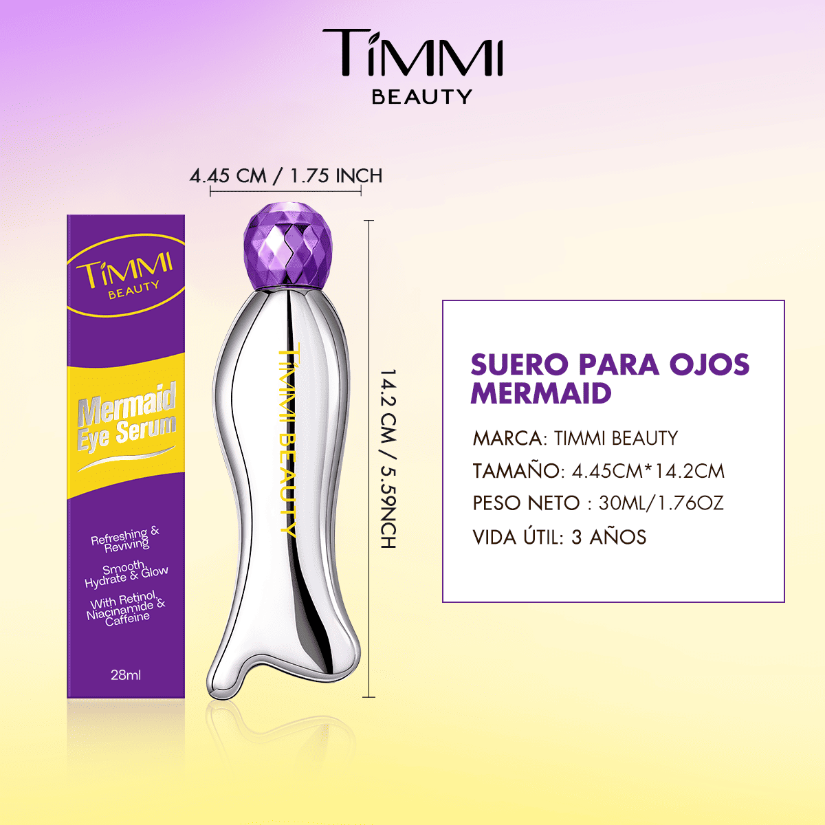 TIMMI Beauty Mermaid Eye Serum bottle, box, dimensions and 28 ml product details