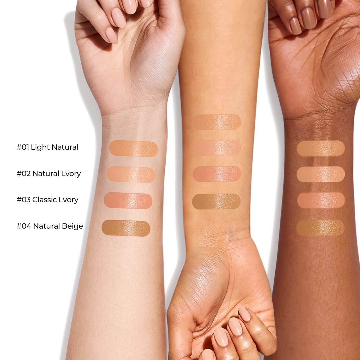 Four SACE LADY BB cushion shades swatched on light, medium and deep skin tones