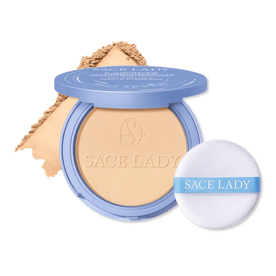 SACE LADY pressed face powder in an open blue compact with a puff and beige powder swatch