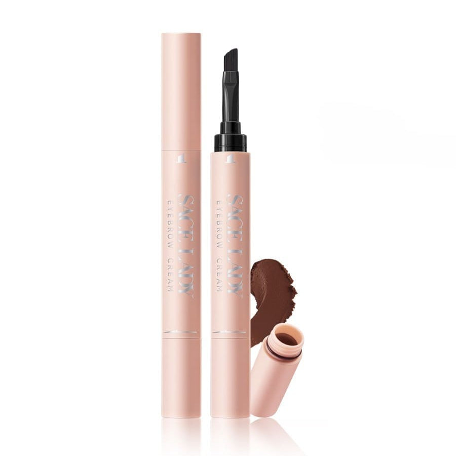 SACE LADY eyebrow cream in a pink pen with angled brush, cream pot and brown swatch