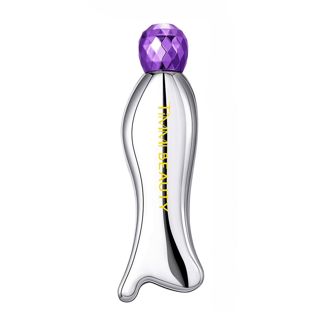 TIMMI Beauty Gua Sha Eye Serum in a sculpted silver bottle with purple cap