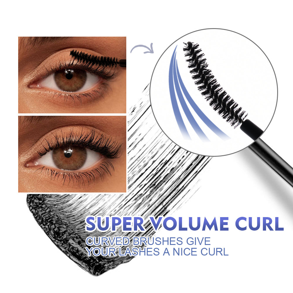 Black waterproof mascara with curved brush for long lashes