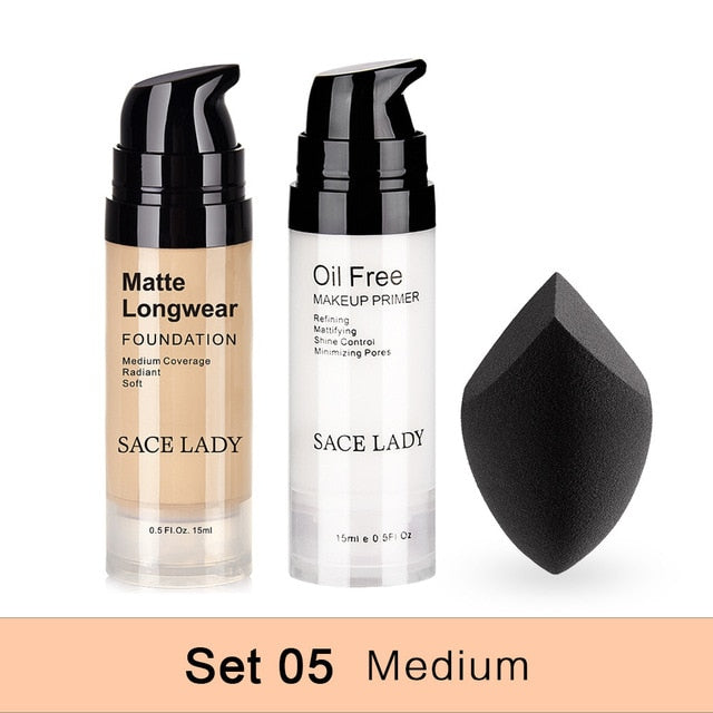 SACE LADY Professional Makeup Set Matte Foundation Primer Base Make Up Kit Oil-control Pores Liquid Cream Brand Cosmetic Puff
